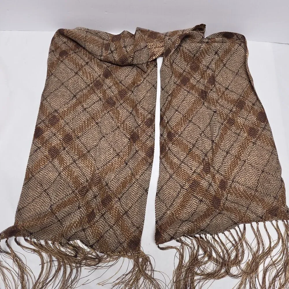 Vintage Anne Klein Silk Reversible Fringed Scarf Plaid Herringbone Tan Brown